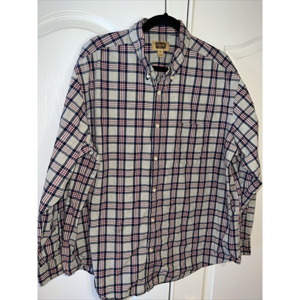 Foundry Mens 2XL Plaid Long Sleeve Button Down Shirt Gray Navy Pink Casual Work